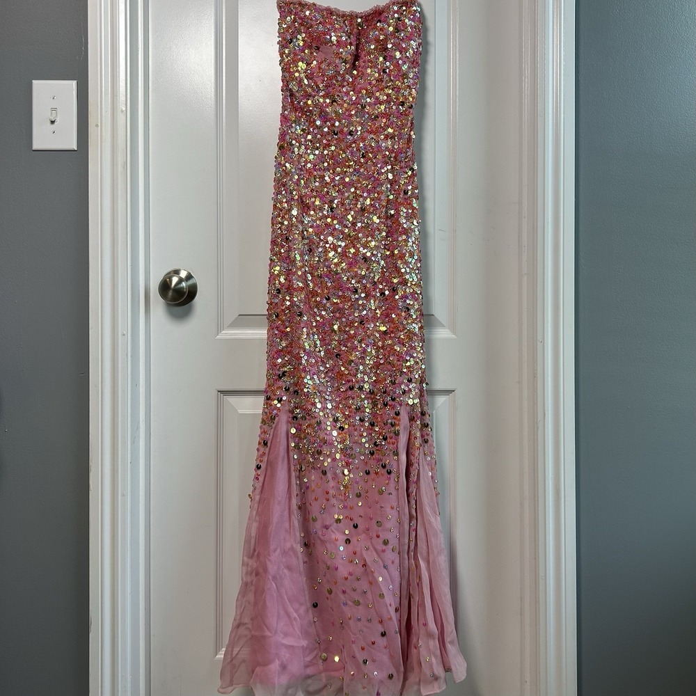 Sean Collection Vintage Y2K 100% Silk Pink Holographic Sequin Strapless Dress